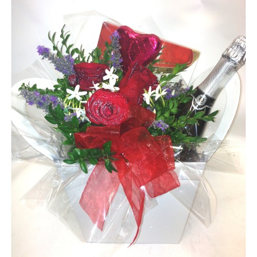 Box with Wine, Chocolates and Flowers